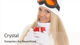  Presentation with winter sports - Theme with young woman in ski glasses and winter warm clothes with red cup stands on a white background winter sports background and a sky blue colored foreground
