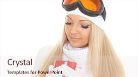  Presentation with winter sports - Colorful theme enhanced with young woman in ski glasses and winter warm clothes with red cup stands on a white background winter sports backdrop and a sky blue colored foreground