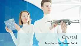  Presentation with software - PPT theme enhanced with young-woman-in-smart-glasses background and a arctic colored foreground