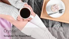  Presentation with socks - Presentation design having young woman in socks on bed with cup of coffee top view background and a light gray colored foreground