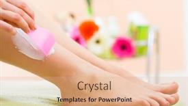  Presentation with hair spa - Beautiful slide deck featuring young woman in spa getting legs creamed for hair removal backdrop and a coral colored foreground