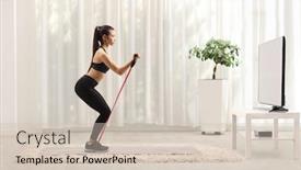  Presentation with resistance - PPT theme enhanced with young-woman-in-sportswear-exercising background and a soft green colored foreground