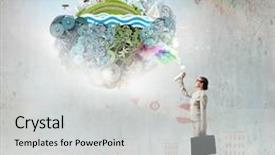  Presentation with aerosol - Colorful PPT theme enhanced with young woman in suit and glasses using aerosol backdrop and a light gray colored foreground