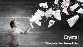  Presentation with suitcase - Presentation featuring young woman in suit with suitcase spraying paper sheets background and a dark gray colored foreground