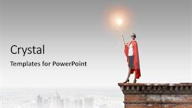  Presentation with hero woman - PPT theme having young woman in super hero costume with bulb balloon in hand background and a light gray colored foreground