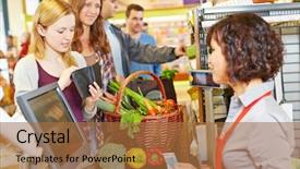  Presentation with queue - Cool new slide deck with young woman in supermarket queue backdrop and a red colored foreground