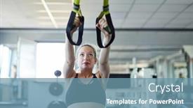  Presentation with suspension - Beautiful theme featuring young woman in suspension or sling training for the healthy back backdrop and a seafoam green colored foreground