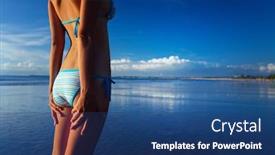  Presentation with swim suit - Beautiful PPT theme featuring young woman in swim suit standing relaxing on a tropical beach backdrop and a ocean colored foreground