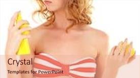  Presentation with spray - Amazing presentation theme having young woman in swimsuit holding spray tanning isolated on white backdrop and a coral colored foreground