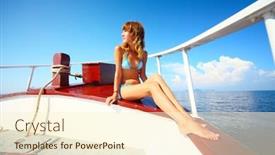  Presentation with yacht - Audience pleasing slides consisting of young woman in swimsuit sitting on yacht at sunny day and looking to somewhere backdrop and a cream colored foreground