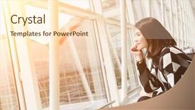  Presentation with wait - Colorful PPT layouts enhanced with young woman in the airport backdrop and a  colored foreground