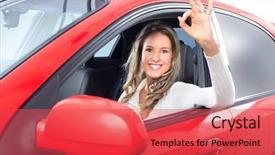  Presentation with woman car driver map - Slides having cars ladies - smiling happy young woman background and a red colored foreground
