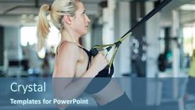  Presentation with endurance - Colorful presentation enhanced with young woman in the gym trains back and strength endurance with sling training backdrop and a ocean colored foreground