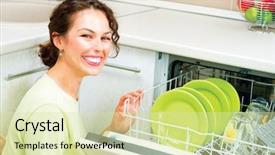  Presentation with dishwashing - Slide deck featuring young woman in the kitchen background and a soft green colored foreground