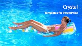  Presentation with mattress - Slide deck having young woman in the pool on an air mattress in greece background and a gray colored foreground
