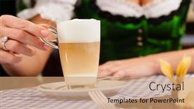  Presentation with pub - Audience pleasing presentation theme consisting of young woman in traditional bavarian tracht in restaurant or pub eating dessert and drinking coffee close-up backdrop and a coral colored foreground