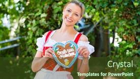  Presentation with oktoberfest - Amazing slide deck having young woman in traditional bavarian clothes or tracht with a gingerbread souvenir heart in beergarden on oktoberfest backdrop and a tawny brown colored foreground