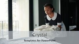  Presentation with room cleaning - PPT layouts consisting of young-woman-in-uniform background and a light gray colored foreground