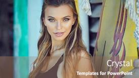  Presentation with surfing - Slide deck consisting of young woman in wetsuit with surfing board standing background and a coral colored foreground