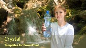  Presentation with pure water - Colorful presentation design enhanced with young woman in white clothes with bottle of pure water near waterfall focus on bottle backdrop and a tawny brown colored foreground