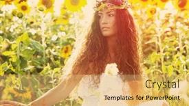  Presentation with sunflower - Beautiful slide set featuring young woman in white dress and wreath of flowers in sunflower field summer sunny day retro colors backdrop and a yellow colored foreground