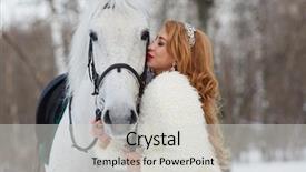  Presentation with white horse - Presentation theme featuring young woman in white dress and white fur mantle kisses white horse in park background and a light gray colored foreground