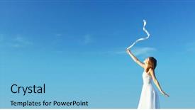  Presentation with blue ribbon - Amazing slides having young woman in white dress with white ribbon over clear blue sky background backdrop and a light blue colored foreground