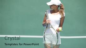  Presentation with court - Amazing PPT theme having young woman in white sportswear on tennis court backdrop and a seafoam green colored foreground