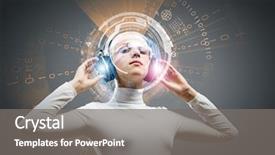  Presentation with headphones - Amazing presentation design having young woman in white wearing backdrop and a gray colored foreground