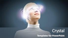  Presentation with hologram - Colorful presentation enhanced with young woman in white with hologram round head backdrop and a ocean colored foreground