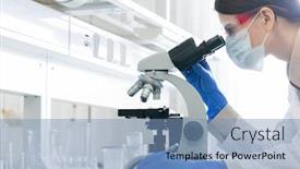  Presentation with microscope - Beautiful PPT layouts featuring young-woman-in-whitecoat-gloves backdrop and a teal colored foreground