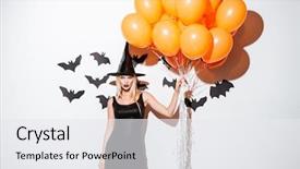  Presentation with halloween - Cool new PPT layouts with young woman in witch halloween backdrop and a white colored foreground