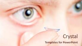  Presentation with contact lens - Presentation enhanced with young woman inserting a contact lens closeup background and a lemonade colored foreground