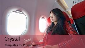  Presentation with aircraft - Presentation theme featuring young woman inside of a single-aisle aircraft background and a red colored foreground