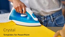  Presentation with laundry cloth - Slides enhanced with young-woman-ironing-clothes background and a gold colored foreground