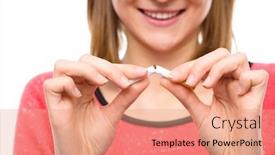  Presentation with quit - Presentation theme featuring young woman is breaking a cigarette quit smoking concept isolated over white background and a coral colored foreground