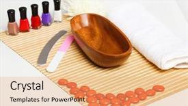  Presentation with manicure - Colorful presentation design enhanced with young woman is getting manicure in a beauty salon backdrop and a coral colored foreground