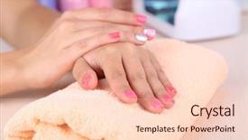  Presentation with manicure - PPT theme with young woman is getting manicure in beauty salon close-up background and a lemonade colored foreground