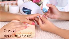  Presentation with manicure - Colorful presentation enhanced with young woman is getting manicure in beauty salon close-up backdrop and a lemonade colored foreground