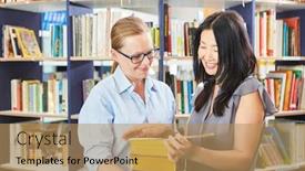  Presentation with book - PPT theme having young-woman-is-happy background and a coral colored foreground