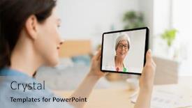  Presentation with remote - Colorful PPT theme enhanced with young-woman-is-using-tablet backdrop and a soft green colored foreground