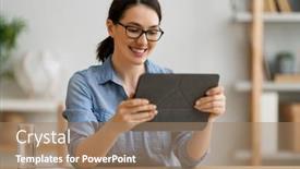  Presentation with remote - Cool new theme with young-woman-is-using-tablet backdrop and a coral colored foreground