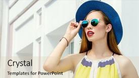  Presentation with beauty and fashion - PPT theme enhanced with young woman is walking down background and a  colored foreground