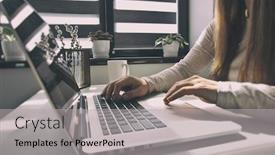  Presentation with young man holdng laptop on lap money - Slide deck with young-woman-is-working background and a light gray colored foreground