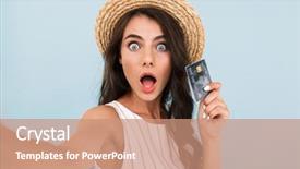  Presentation with credit card - Audience pleasing PPT theme consisting of young woman isolated over blue backdrop and a coral colored foreground