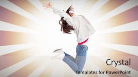  Presentation with cheerful - Cool new PPT theme with young woman jumping against linear backdrop and a  colored foreground
