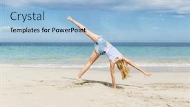  Presentation with beach - Audience pleasing slides consisting of young-woman-jumping-on-beach backdrop and a light blue colored foreground