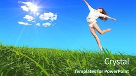  Presentation with green hills - Presentation theme with young woman jumping on a green grass hills under midday sun in blue sky background and a tawny brown colored foreground