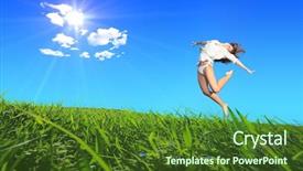  Presentation with green hills - Colorful PPT theme enhanced with young woman jumping on a green grass hills under midday sun in blue sky backdrop and a tawny brown colored foreground