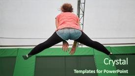  Presentation with young athletes box jumping - PPT theme with young woman jumps on trampoline attraction making leg-split rear view background and a ocean colored foreground